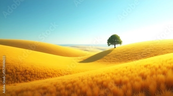 Fototapeta A wide-angle HD photo of golden fields swaying under a clear blue sky, with gentle rolling hills in the distance and a single tree silhouette on the horizon -