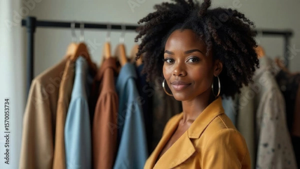 Fototapeta African-American fashion expert portrait in a trendy mustard jacket, female stylist with curly curls working with clothing rack. Business profile image for creatives
