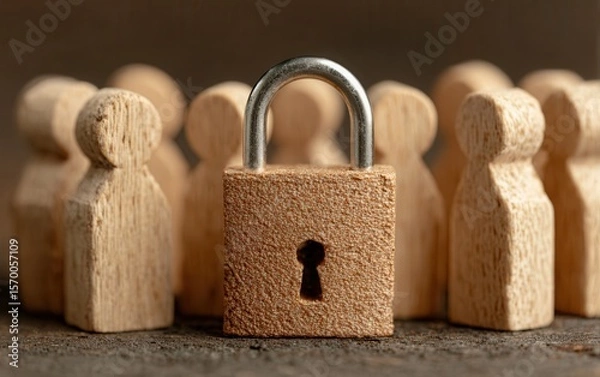 Fototapeta Wooden padlock protects group figures