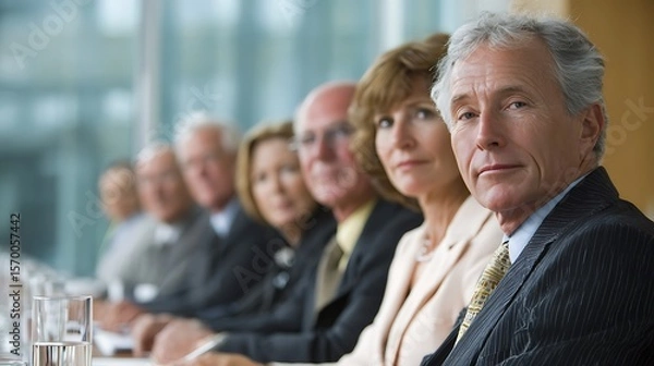 Fototapeta Group of business people sitting at a table in a meeting room looking towards the camera