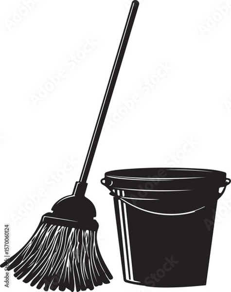 Obraz Mop and Bucket Silhouette Vector Illustration on Transparent Background