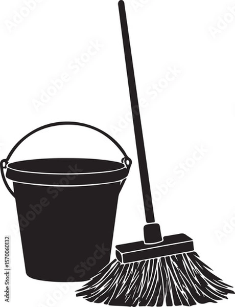 Obraz Mop and Bucket Silhouette Vector Illustration on Transparent Background