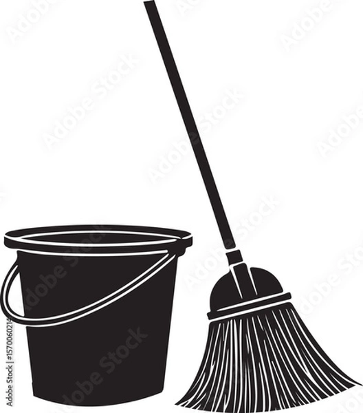 Obraz Mop and Bucket Silhouette Vector Illustration on Transparent Background