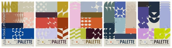 Obraz Colour palette abstract postmodern composition with geometric shape in brutalism aesthetics, trendy different combined colors with codes, distortion geometrical ornament, Avant-garde poster A4