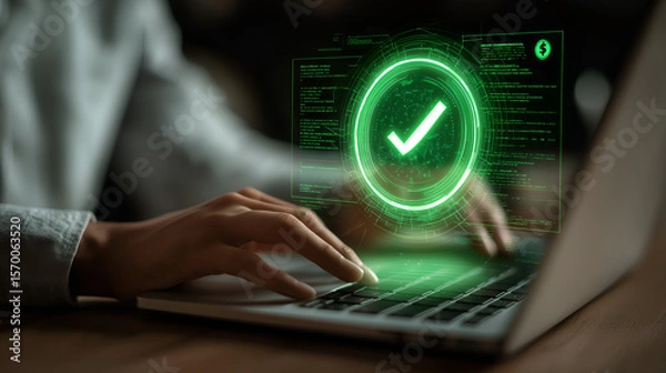 Fototapeta Digital Approval: A person diligently works on a laptop, with a vibrant digital approval indicator overlaid, symbolizing a completed task or successful system validation.