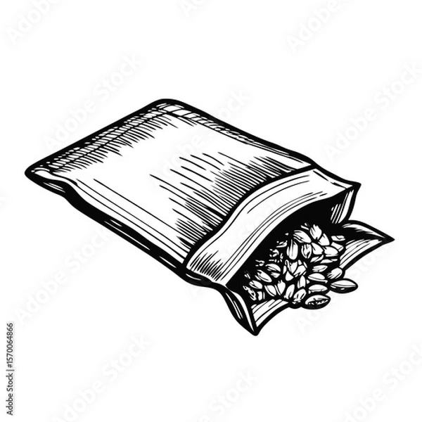 Fototapeta Seed-packet-sketch engraving of seeds spilling from an opened packet. This seed-packet-sketch illustration depicts seeds, ready for planting, in an open packet with hand-drawn details and shading.