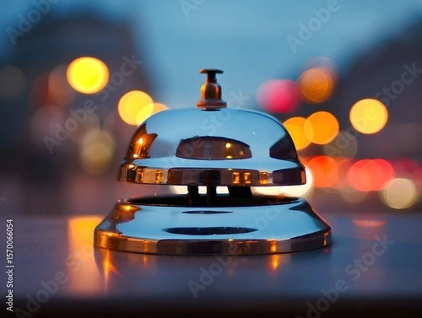 Obraz Stock photo of a shiny silver hotel service bell for assistance call at front desk
