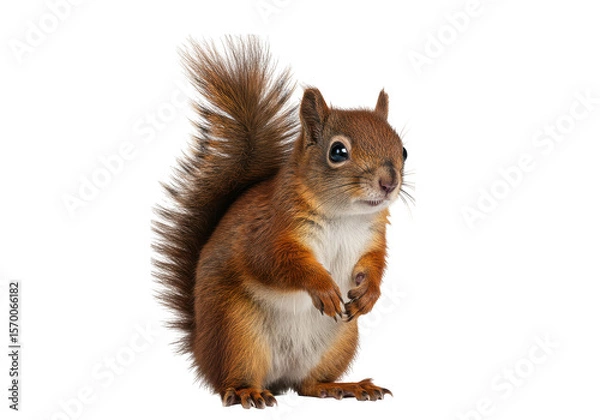 Obraz A cute squirrel standing upright with fluffy tail looking to the right side of the frame on transparent background