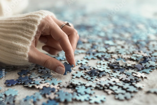 Fototapeta Woman placing last piece of jigsaw puzzle, solving problem, completing task