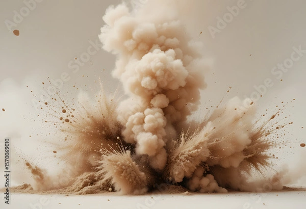 Fototapeta Dust sand soil smoke cloud particles isolated on transparent white background. Brown sandstorm smog sand dust explosion rising. Design elements for Compositing, covering, overlay
