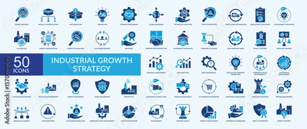 Fototapeta Industrial growth strategy icon collection set with market research, product diversification, cost reduction, technology adoption, continuous improvement