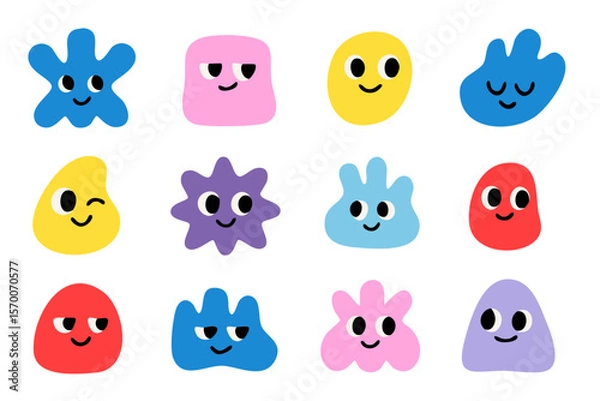 Fototapeta Collection of abstract colorful characters with emotions. Fun faces in bright minimal shapes on white background. Ideal for children’s projects, branding, or playful design elements.