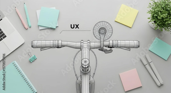 Fototapeta Bicycle Ux Design Concept Illustration, Laptop Stationery And Bicycle 3d Wireframe