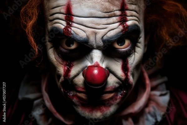Fototapeta Close-up portrait of a scary clown with blood on his face. Halloween theme. Evil Clown. Horror movie Concept. Halloween Concept with Copy Space.