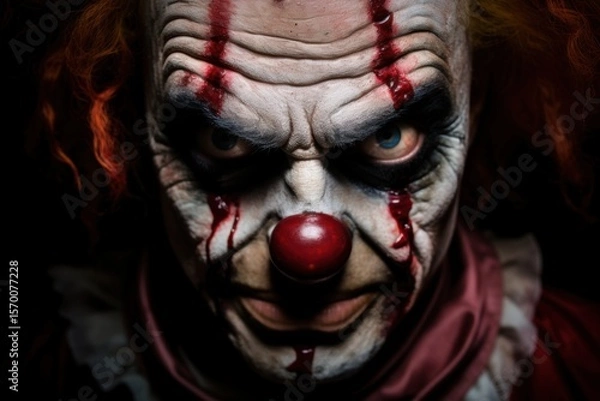 Fototapeta Close-up portrait of a scary clown with blood on his face. Halloween theme. Evil Clown. Horror movie Concept. Halloween Concept with Copy Space.