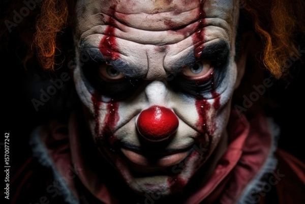 Fototapeta Close-up portrait of a scary clown with blood on his face. Halloween theme. Evil Clown. Horror movie Concept. Halloween Concept with Copy Space.