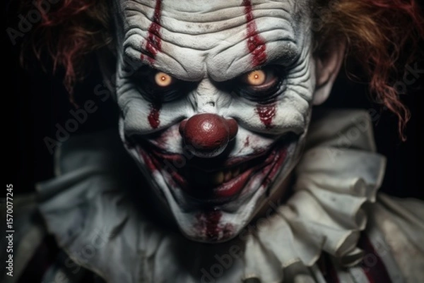 Fototapeta Close-up portrait of a scary clown in the dark. Horror movie. Halloween theme. Evil Clown. Horror movie Concept. Halloween Concept with Copy Space.