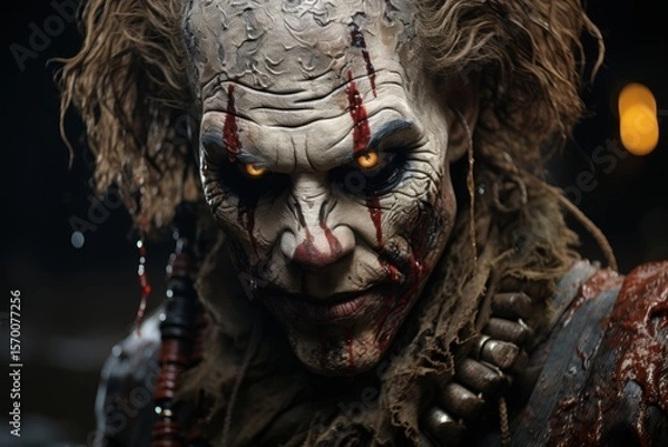 Fototapeta Scary zombie man with blood on his face. Halloween. Horror. Halloween theme. Evil Clown. Horror movie Concept. Halloween Concept with Copy Space.