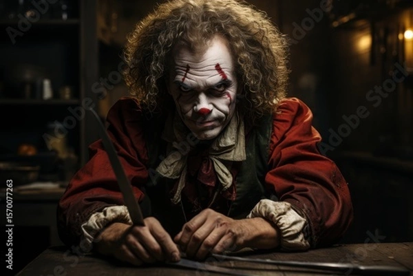 Fototapeta Scary scary clown face on dark background. Horror Halloween concept. Halloween theme. Evil Clown. Horror movie Concept. Halloween Concept with Copy Space.