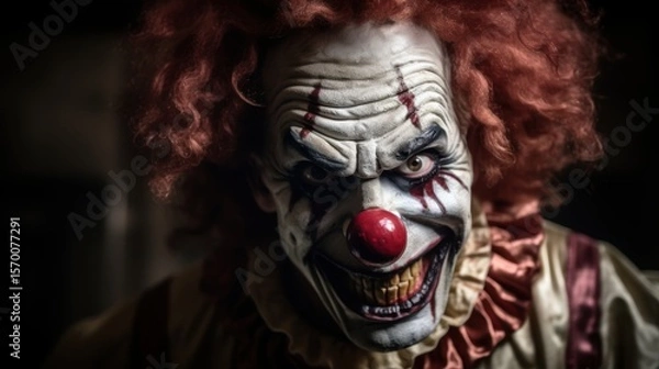 Fototapeta Close-up portrait of a scary clown with red wig on dark background. Halloween theme. Evil Clown. Horror movie Concept. Halloween Concept with Copy Space.