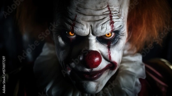 Fototapeta Portrait of a scary clown in a dark room. Horror movie. Halloween theme. Evil Clown. Horror movie Concept. Halloween Concept with Copy Space.