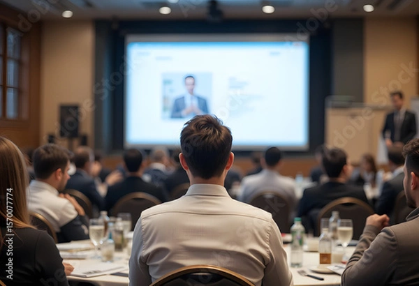 Fototapeta Man Watching Presentation On Large Screen At Conference