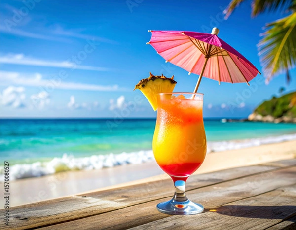 Fototapeta Refreshing summer fruit cocktails on a sunny beach with vibrant colors and tropical vibes