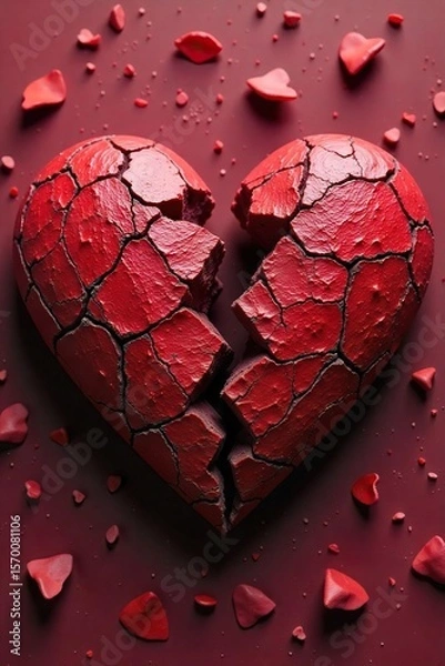 Fototapeta Shattered Heart A Close-up Image of a Broken Heart-Shaped Object, Representing Emotional Pain, Heartbreak, and Loss.  The Rough, Distressed Texture Evokes Deep Sorrow.