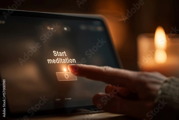 Fototapeta Tapping the start button for a mindful meditation practice in a serene setting