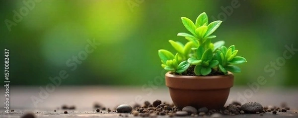 Fototapeta Adorable Miniature Potted Plant A Tiny Dwarf Variety Thriving in a Vibrant Green Burst, Perfect for Compact Spaces, Terrariums, or Fairy Gardens. Adds Whimsical Charm to Your Home Decor.