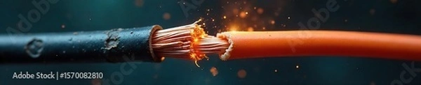 Fototapeta Damaged Electrical Wire Close-up of Exposed Copper Strands Posing a Significant Electrical Hazard. Safety Inspection and Repair Urgently Needed to Prevent Fire or Electric Shock.