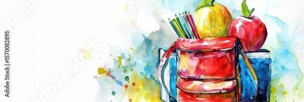 Fototapeta Colorful back to school design with backpack, books, and apples for educational themes. Education concept. Horizontal banner. Copy space. Watercolor illustration