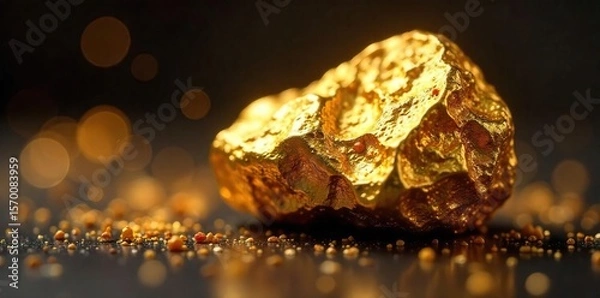 Fototapeta Shimmering Gold Nugget Close-up Revealing Rich Texture and Precious Quality against Dark Background