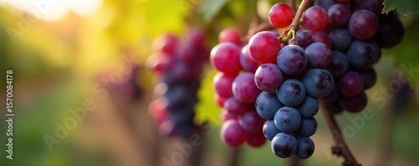 Fototapeta Sunlit Pinot Noir Grapes Ready for Harvest Close-up of Ripe Berries Showcasing Deep Purple Hues and Delicate Skins, a Macro View of Vineyard Abundance