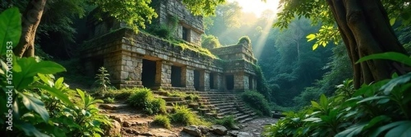 Fototapeta Explore the Enigmatic Mayan Ruins Sunlight Dapples through Lush Jungle Canopy onto Crumbling Stone Structures, Revealing a Lost Civilizations Mysteries.