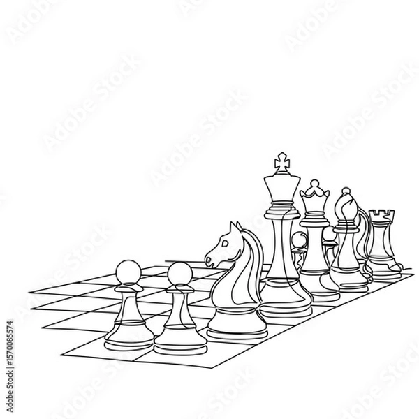 Obraz Black and white chess pieces on checkerboard in detailed outline  