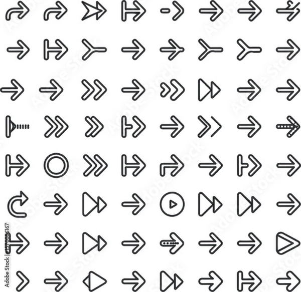 Fototapeta Collection of various black outline arrow icons on white background direction symbol