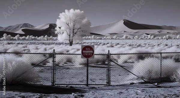 Fototapeta Desert Landscape With Boundary Fence And Warning Sign In Black And White