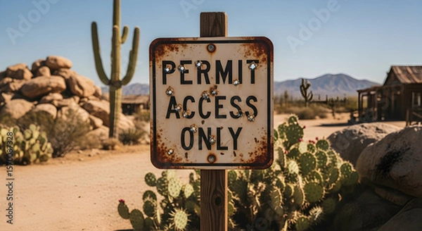 Fototapeta Desert Vista With Bullet-Ridden Access Sign And Distant Building On Sunny Day