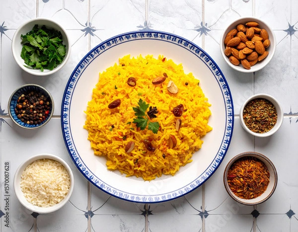 Fototapeta Elegant infographic showcasing fluffy saffron rice with golden hues surrounded by fresh ingredients and spices for culinary creativity