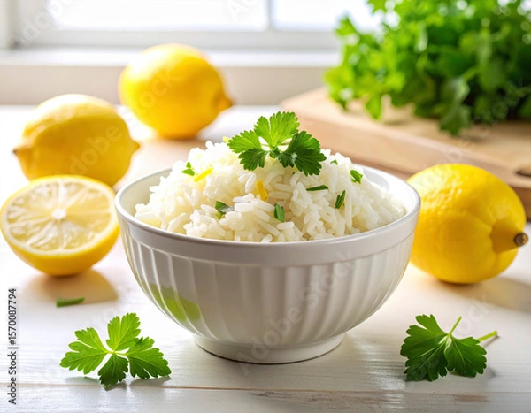 Fototapeta Fresh and fluffy lemon herb rice served in a bowl with citrus and parsley accents for bright culinary inspiration