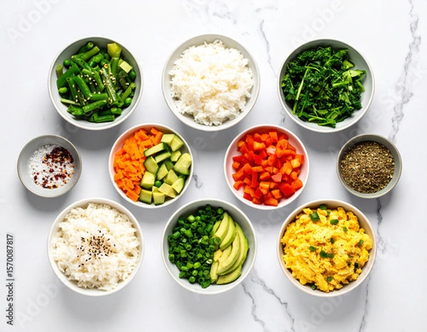 Fototapeta Bright and colorful infographic showcasing ingredients for a delicious egg fried rice recipe with fresh vegetables on a modern kitchen background
