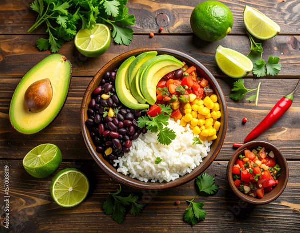 Obraz Delicious Mexican rice bowl recipe featuring rice, black beans, corn, tomato salsa, and fresh avocado slices