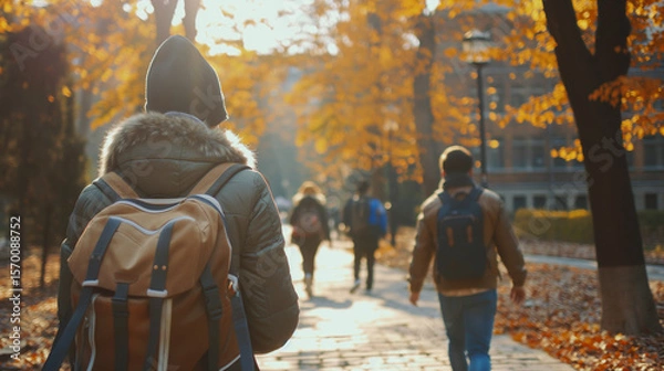 Fototapeta Students in warm jackets and backpacks walking through a sunlit autumn park toward school or university