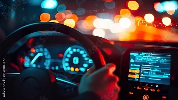 Fototapeta A modern AI-powered car dashboard displaying real-time traffic predictions, lane assist interface, and voice navigation, detailed interior with ambient lights