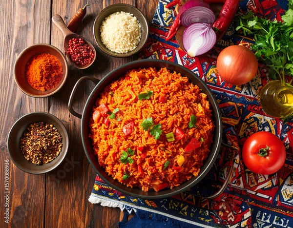Fototapeta Discover the vibrant flavors of West African jollof rice with this simple recipe for a delicious and colorful dish