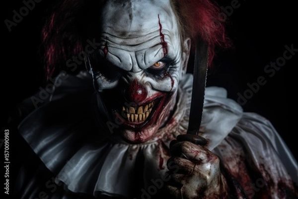 Fototapeta Scary scary clown with a knife in the dark. Halloween. Halloween theme. Evil Clown. Horror movie Concept. Halloween Concept with Copy Space.