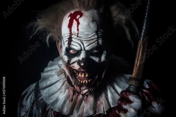 Fototapeta Portrait of a scary clown. Halloween. Horror. Black background. Halloween theme. Evil Clown. Horror movie Concept. Halloween Concept with Copy Space.