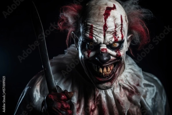 Fototapeta Scary scary clown with a knife in blood on a black background. Halloween theme. Evil Clown. Horror movie Concept. Halloween Concept with Copy Space.
