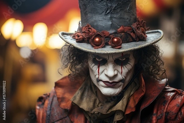 Fototapeta Portrait of a scary clown in the carnival. Halloween. Halloween theme. Evil Clown. Horror movie Concept. Halloween Concept with Copy Space.